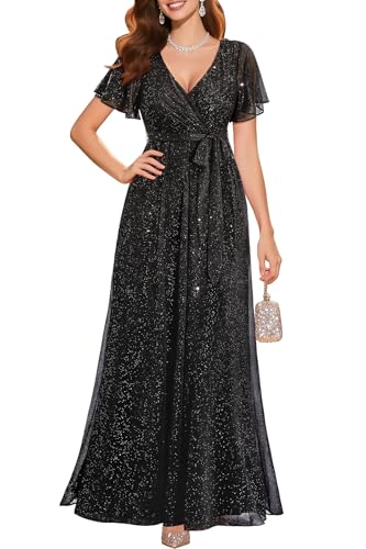 Pinup Fashion Formal Gowns and Evening Dresses - Glitter Prom V Neck Flutter Sleeve A-line Long Dress with Belt
