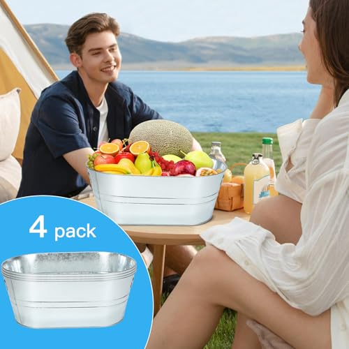 dndsim 4PCS 3 Gallon Galvanized Tub, Beverage Tub, Ice Buckets for Parties With Carry Handles, Drink Buckets for Parties, ...
