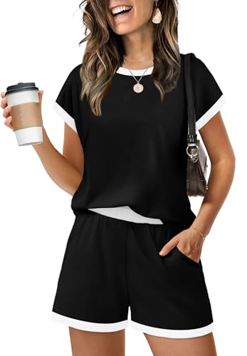 WIHOLL Two Piece Sets for Women Summer Lounge Short Sets Cap Sleeve Crew Neck Sweatsuit with Pocket XS-2XL
