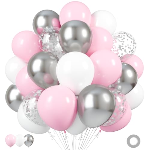 Silver Pink White Latex Balloons, 50 Pack 12 Inches Silver Confetti Party Balloon Metallic Balloons for Girl Baby Shower B...