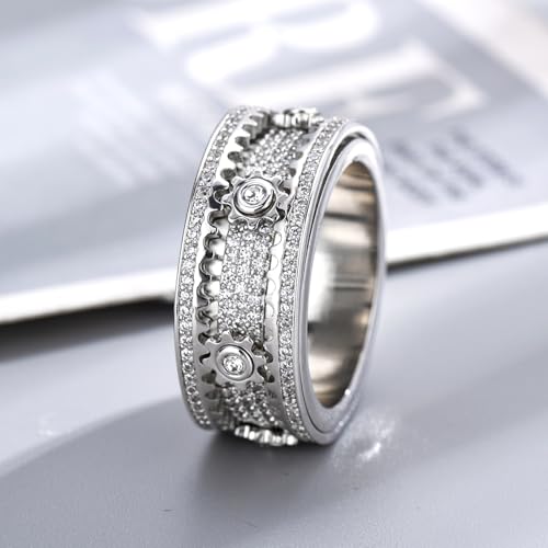 Interactive Outer Ring Drives Gears Rotatable EDC Ring Iced Out Alloy Jewelry, Sparkling Mechanical Fidget Band