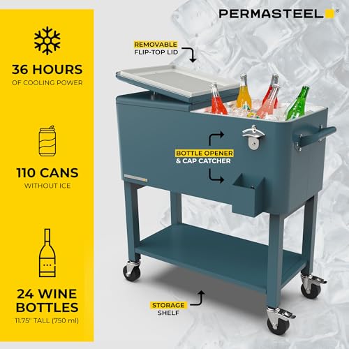 Permasteel Party Cooler with Divider, Removable Basin, Spacious 80-Qt Capacity, Chills 36hrs, Serving Tray, Rolling Ice Ch...