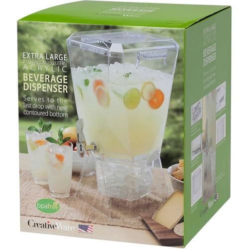 CreativeWare Crown Beverage Dispenser with Base and Name Clip, 3.5 gallon, Clear