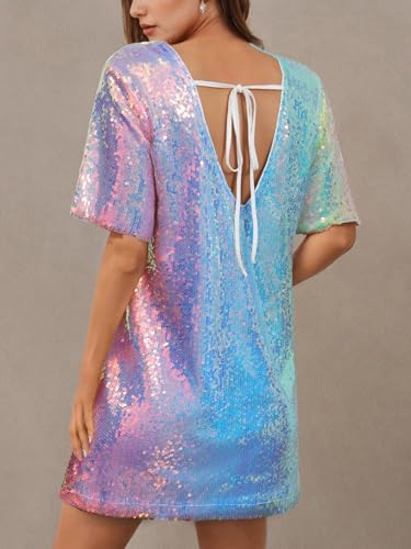 Ophestin Women's Sparkly Sequin T Shirt Dress Short Sleeve Crewneck Tie Backless Glitter Party Club Dresses