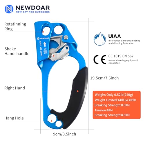 NewDoar UIAA & CE Certified Hand Ascender Rock Climbing Tree Arborist Rappelling Gear Equipment Rope Clamp for 8~13MM Rope