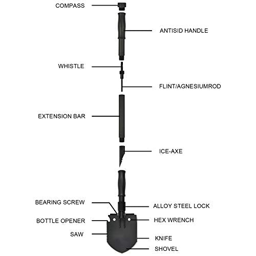 Survival Shovel, (28.3'') Camping Folding Shovel, Military Spade Multitool, Tactical Trench Tool, with Pickaxe, Compass, W...