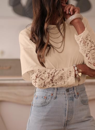 LOLONG T Shirts for Women Fall 2025 Long Sleeve Lace Patchwork Crew Neck Tops Casual Tees