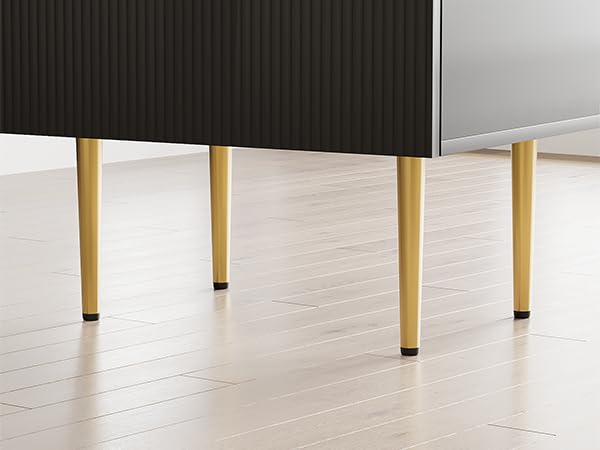 Algherohein Black Nightstand for Bedroom, Fluted Night Stand, End Table for Living Room, Mid Century Modern Bedside Table with Drawers, Bed Side Table with Gold Metal Legs, Bedroom Furniture Stripe
