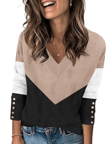Zeagoo Womens V Neck Sweaters Shirts Long Sleeve Lightweight Ribbed Knit Pullover Sweater Blouse Tops with Buttons Oufits