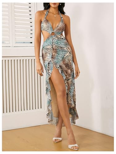 WDIRARA Women's Halter Cut Out Dress Floral Cheetah Print Asymmetrical Hem Sexy High Slit Mesh Ruffle Dresses