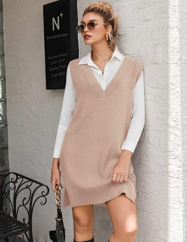 Zeagoo Women's V Neck Sweater Vest Dress Oversized Sleeveless Casual Pullover Sweater Fall Winter Knit Slit Short Dress