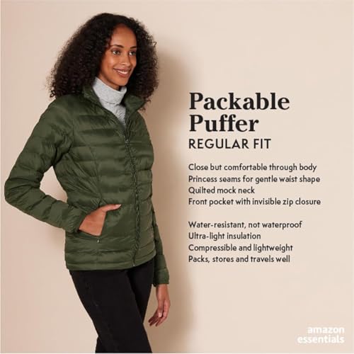 Amazon Essentials womens Lightweight Long-Sleeve Water-Resistant Packable Puffer Jacket (Available in Plus Size)