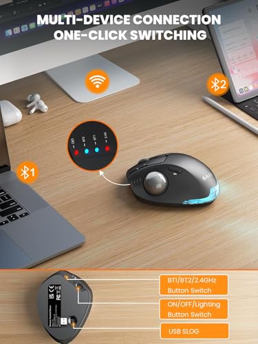 SABLUTE Wireless Trackball Mouse, Ergonomic Bluetooth Rechargeable Computer Mouse, Backlit Rollerball Thumb Laptop mice wi...