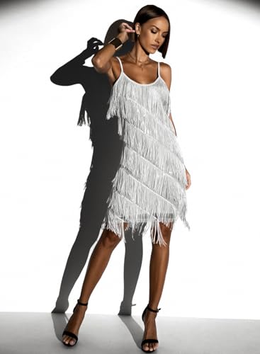 miduo Womens Sequin Tassel Fringe Party Dress Sleeveless Spaghetti Straps Flapper Dresses Cocktail Mini Dresses