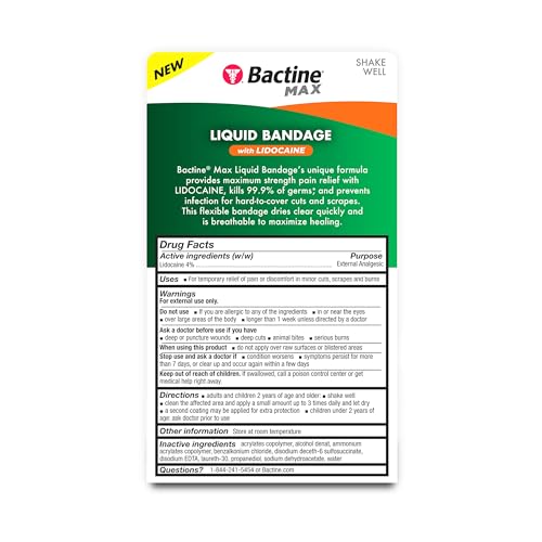 Bactine MAX Liquid Bandage with Lidocaine - Wound Cleaning Liquid Bandage for Skin - Kills 99% of Germs, Covers, Protects...
