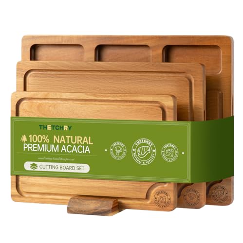THETCHRY Acacia Wood Cutting Board Set,Thick Wooden Cutting Board for Kitchen with Holder,Chopping Board with Deep Groove...