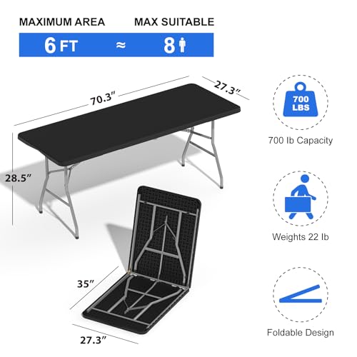 IWDOO Foldable Table 6ft, Plastic Folding Table, Portable Heavy Duty Dining Tables with Lock Function & Carrying Handle, O...