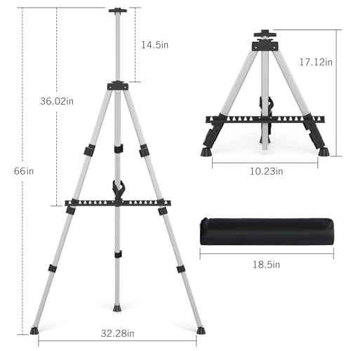 Art Easel Stand for Painting or Sign, Portable Adjustable 66 inches Display Tripod Artist Floor Aluminum Metal Easel with ...