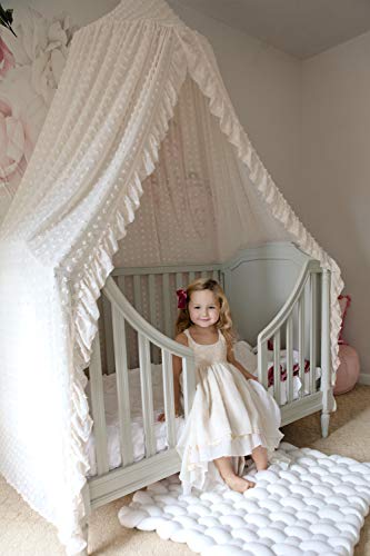 Wonder Space Elegant Kids Bed Canopy - Lace Chiffon Netting with Pom Pom, Princess Girls Fairy Dream Tent, Nursery Room Ba...