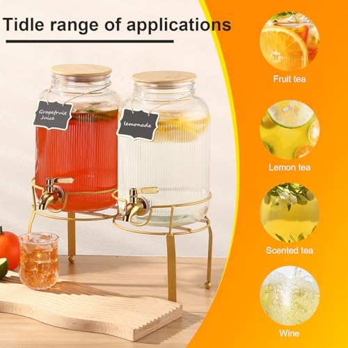 1 Gallon Glass Drink Dispenser with Stand, 2pack Drink Dispensers For Parties, Beverage Dispenser With Bamboo Lid and Stai...