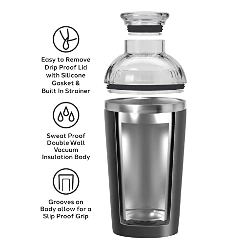 OGGI Groove Insulated Cocktail Shaker-17oz Double Wall Vacuum Insulated Stainless Steel, Tritan Lid has Built In Strainer,...