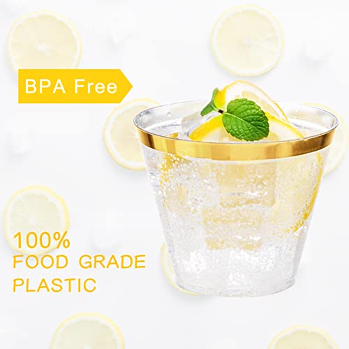 Nervure 120PCS Gold Plastic Cups - 9Oz Gold Rimmed Plastic Cups - Heavy Duty Disposable Clear Cup with Gold Rim Perfect fo...