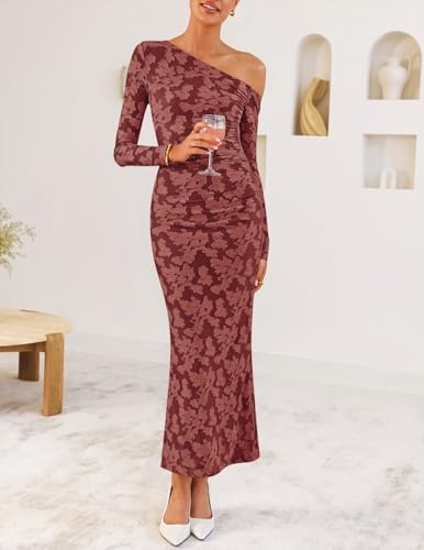 ZESICA Women's Fall Floral Off Shoulder Bodycon Maxi Dresses 2026 Long Sleeve Ruched Elegant Cocktail Party Dress