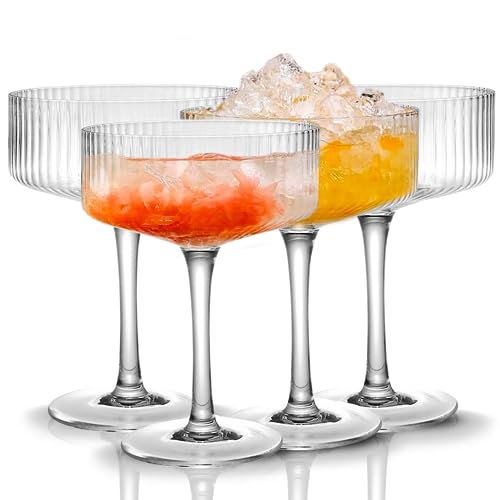 Qipecedm 4 Pcs Ribbed Coupe Glasses, 10 oz Vintage Coupe Glass Set, Unique Martini Glass, Classic Cocktail Galssware, Bar ...