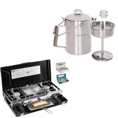 KingCamp Percolator Coffee Pot Campfire Coffee Boiler Kettle 304 Stainless Steel with Camping Stove, 3 Burners Propane Por...