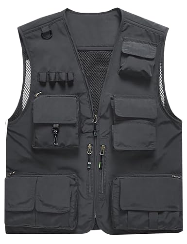 Flygo Men's Casual Lightweight Outdoor Fishing Work Safari Travel Photo Cargo Vest Jacket Multi Pockets