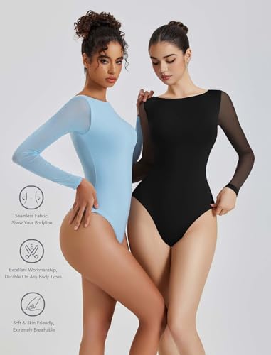 Avidlove Women Long Sleeve Body Suits Mesh Boat Neck Shapewear Bodysuit Crew Neck Leotards Going Out Tops Fall Outfits
