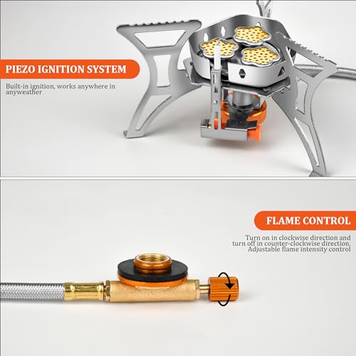 6800W Camping Backpacking Stove, Outdoor Portable Burner Cooking Stove with Fuel Canister Adapter, Piezo Ignition, Carry C...