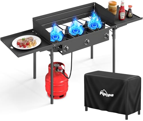 3 Burner Propane Camp Stove | 225,000 BTU Gas Burners | Side Shelves | Windscreen | Waterproof Cover | Detachable Legs | I...