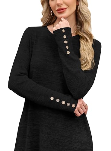 OFEEFAN Long Sleeve Dress for Women Crew Neck Tunic Dress with Pockets Decorative Buttons