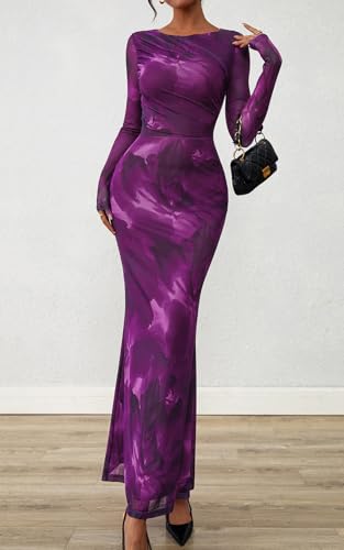 PRETTYGARDEN Women's Long Sleeve Floral Fall Wedding Guest Dress Casual Crewneck Ruched Bodycon Mesh Long Maxi Dresses