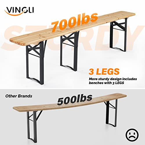 VINGLI 70 Inch Folding Picnic Tables with Benches Set, Weather-Resistant Wooden Beer Garden Table Bench, 3-Piece Portable ...