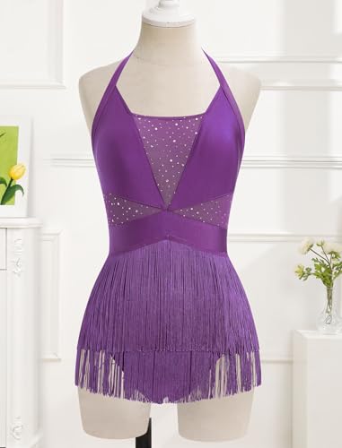 Women Halter Fringe Bodysuit Open Back Glitter Mesh Salsa Jazz Latin Dance Dress Sexy Concert Sparkly Tassel Outfits