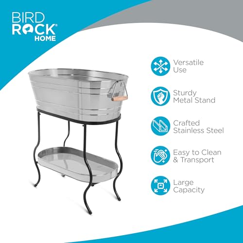 BIRDROCK Home Stainless Steel Beverage Tub with Stand - Bottom Tray - Ice Bucket - Party Drink Holder - Wooden Handles - O...