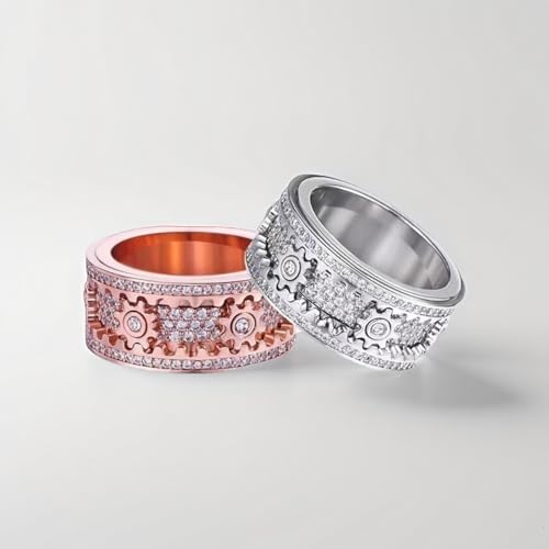 Interactive Outer Ring Drives Gears Rotatable EDC Ring Iced Out Alloy Jewelry, Sparkling Mechanical Fidget Band