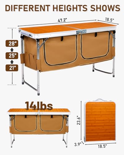 Outvita Folding Table, 4FT Aluminum Camping Table with Large Storage Space and Adjustable Height Picnic Table Lightweight ...