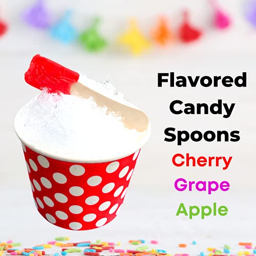 Concession Essentials 105 Piece Multi-Colored Snow Cone/Shaved Ice Kit - Includes 25 Red and White Polka Dot Cups, 30 Cand...