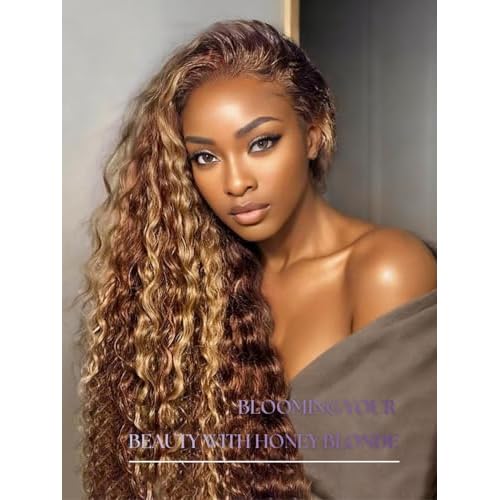Honey Blonde Highlight Deep Wave 13x4 Lace Frontal Closure Only Human Hair, 12A Virgin 100% Hand Tied Ear to Ear Ombre Brown HD Transparent Frontal Pre Plucked P4/27 Curly Lace Frontal Remy 18In
