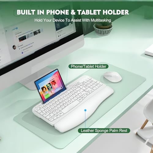 Wireless Keyboard and Mouse Combo, Wave Keys Full-Sized Ergonomic Keyboard with Cushioned Plam Rest, Phone Holder, Comfort...