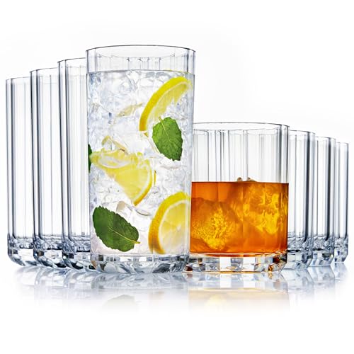 US Acrylic Faceted Clear Plastic Reusable Drinking Glasses (Set of 8) 14oz Rocks & 18oz Water Cups, BPA-Free Tumblers, Mad...