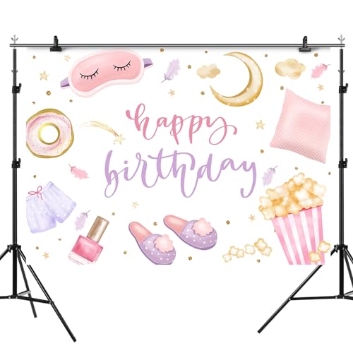 Rsuuinu Happy Birthday Backdrop Sleepover Party Pajamas Pillow Fight Photography Background Pink Girls Birthday Slumber Pa...
