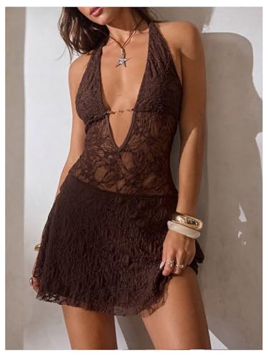 Verdusa Women's Y2k Vintage Western Lace Sheer Dress Backless Sleeveless Halter Dresses Festival Outfits