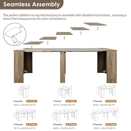 DMAITH 20"-118" Extendable Dining Table for 2-12 People, Modern Modular Extension Table, Space-Saving Extra Long Folding D...