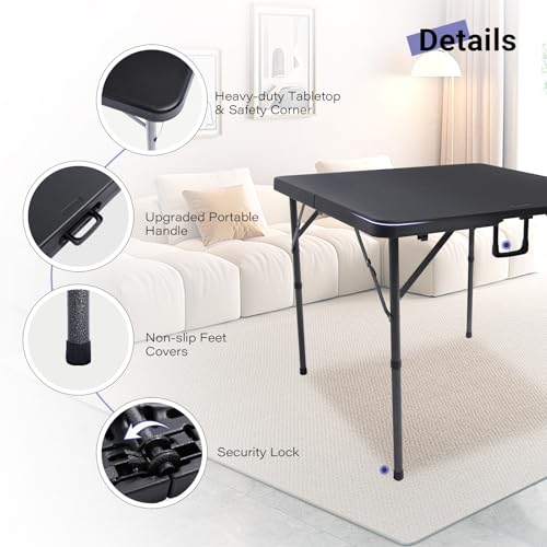 Byliable 34" Square Folding Card Table, Fold-in-Half Utility Dining Portable Table Heavy Duty HDPE Plastic Foldable with C...