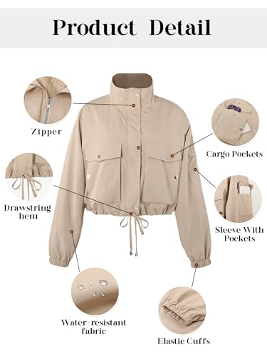 UEAL Womens Cropped Bomber Jacket 2026 Trendy Zip Up Lightweight Utility Anorak Coat With Pockets