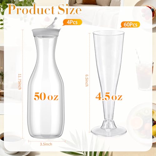 Rtteri 64 Pcs Mimosa Bar Supplies 4 Count Large 50 oz Plastic Water Carafe with Flip Top Lid, 60 Count 4.5 oz Clear Plasti...